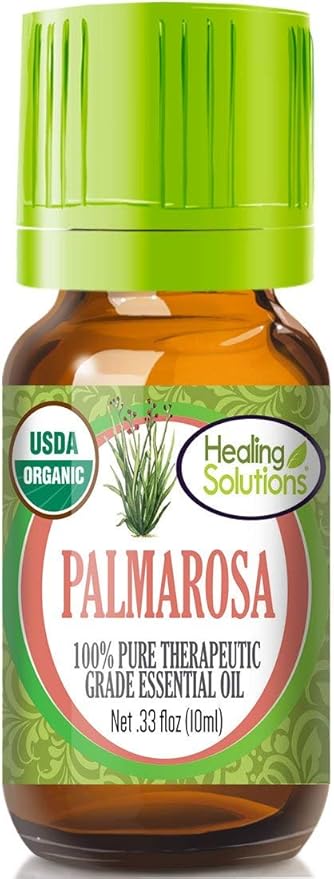 Healing Solutions Undiluted & Pure Palmarosa Essential Oil Organic 0.33 oz (10ml) – Palmarosa Essential Oil Therapeutic Grade for Skin