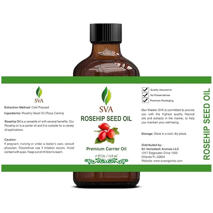 SVA Rosehip Seed Oil - 4 Fl Oz – 100% Natural & Cold Pressed - for Face, Skin Care, Hair Care, Scalp Massage & Body Massage – Carrier Oil with Dropper