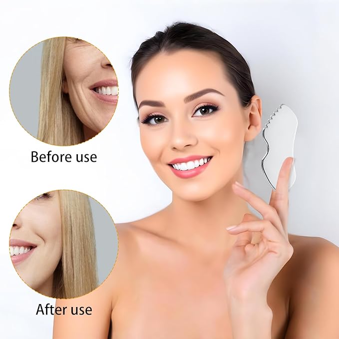 Beauty Gua Sha Facial Tool Stainless Steel Lymphatic Drainage Massager 1Pcs Metal Double Chin Reducer Lip-Shaped Scraping Board Jawline Shaper for Self Care Relaxing Facial Cream Application
