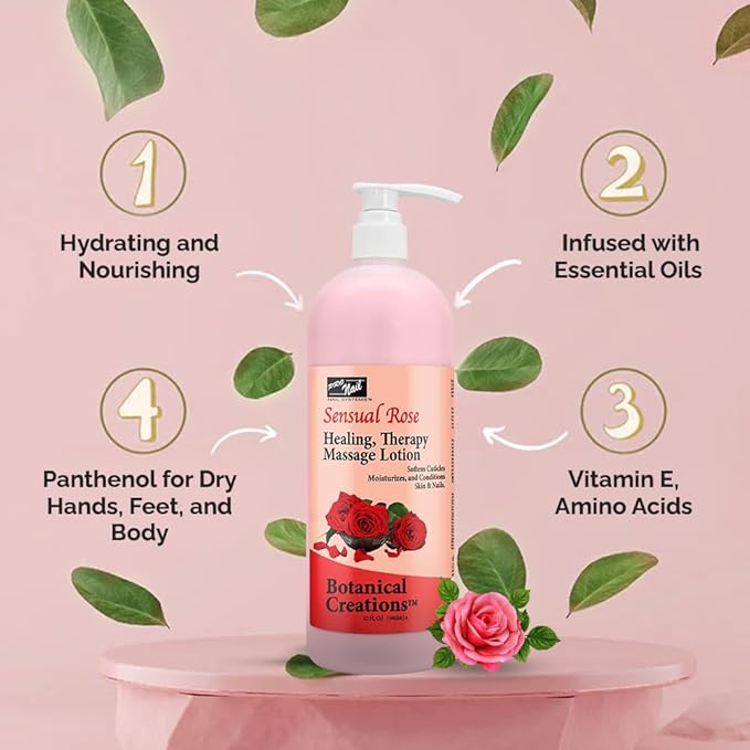 PRO NAIL - Healing Therapy Massage Lotion - Professional Pedicure, Body and Hot Oil Manicure, Infused with Natural Oils, Vitamins, Panthenol and Amino Acids (Sensual Rose, 32 Oz)