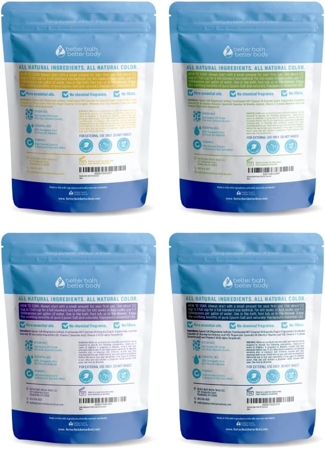 Bath Salts Sampler (4-Pack of 2-lbs) Variety Bath Soaks with Bamboo Scoop