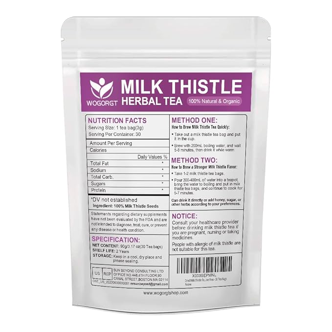 WOGORGT Dried Milk Thistle Tea - Organic Milk Thistle Herbal Tea for Liver Cleanse, Antioxidant and Immune Support, Caffeine Free - 30 Tea Bags