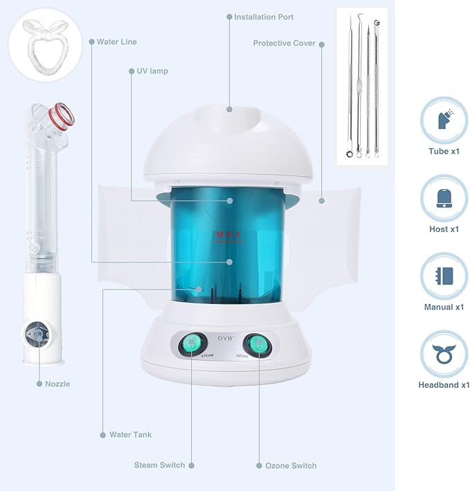DYB Portable Facial Steamer, Nano Ionic Face Steamer with 360°Rotatable Sprayer,Mini Facial Steamer for Salon and Spa,1 Piece Headband and 4 Pieces Steel Skin Kits.