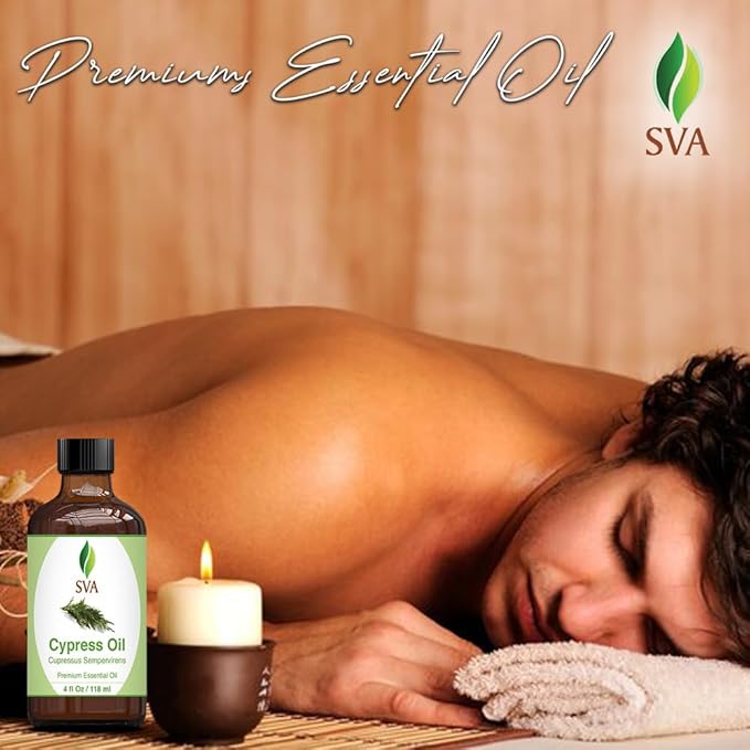 SVA Cypress Essential Oil – 4 Fl Oz – 100% Natural Cypress Oil - for Diffuser, Hair Care, Face, Skin Care, Aromatherapy, Scalp and Body Massage, Soap and Candle Making – with Dropper