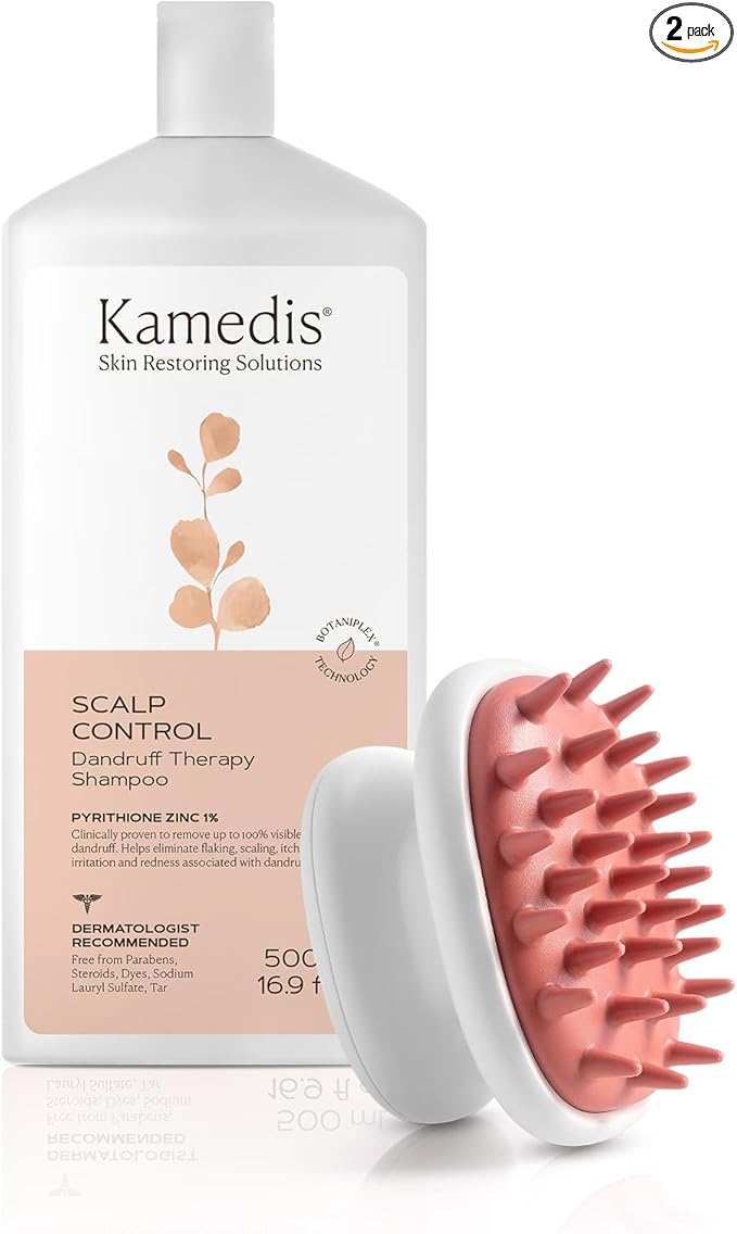 KAMEDIS Scalp Care Set: Clinically Proven Anti Dandruff Shampoo 16.9 Fl.Oz. & Scalp Massager Hair Brush. Gentle Scalp Scrubber Exfoliator and Dandruff Treatment, Suitable for Men & Women