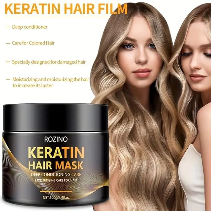 ROZINO Keratin Hair Mask – Deep Conditioning Treatment for Dry, Damaged, and Frizzy Hair, Infused with Aloe Vera & Natural Oils for Intense Hydration, Frizz Control & Shine, for All Hair Types (100g)