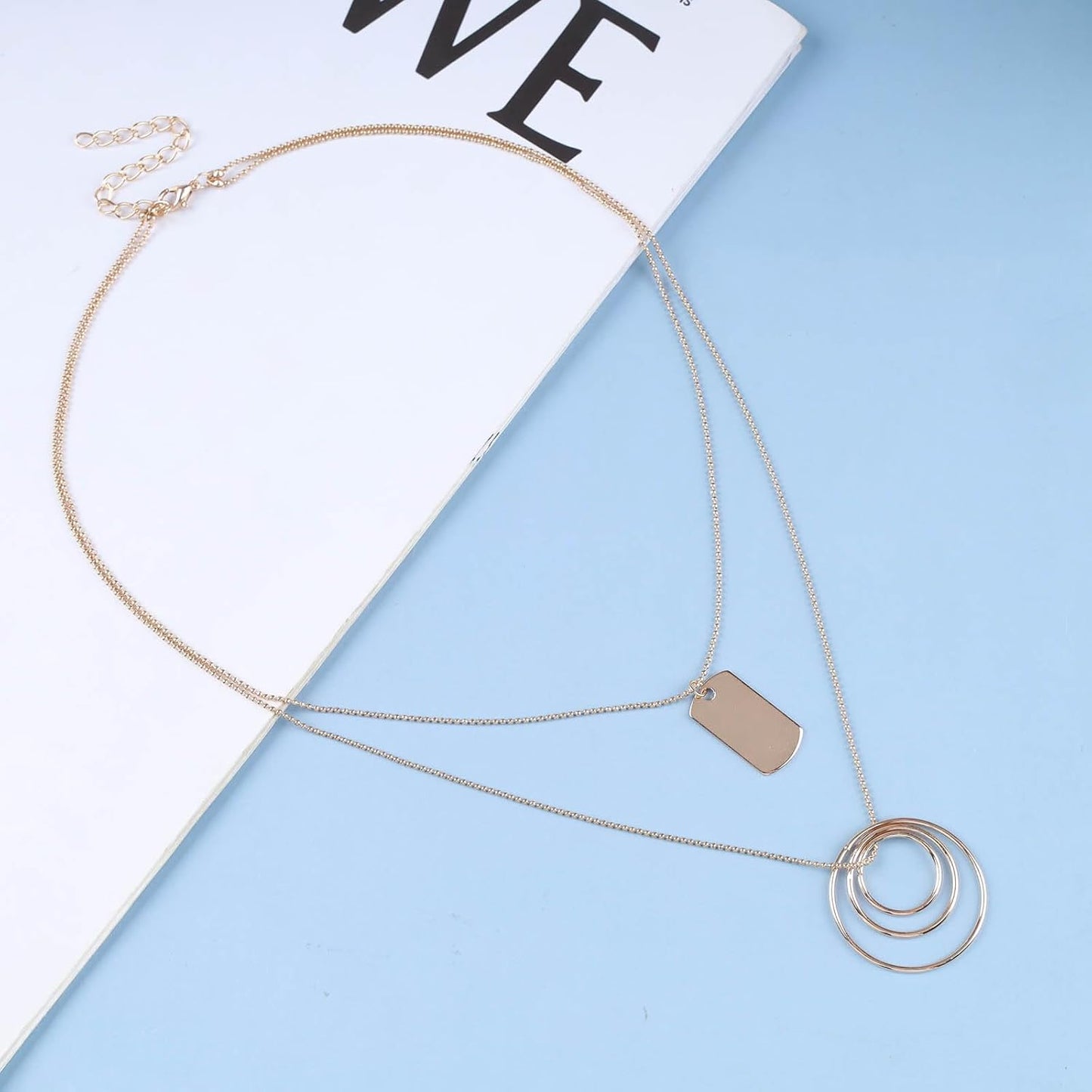 Vintage Layered Square Pendant Necklace Multi Circle Necklace Gold Square Choker Necklace Layer Circle Necklace Jewelry for Women