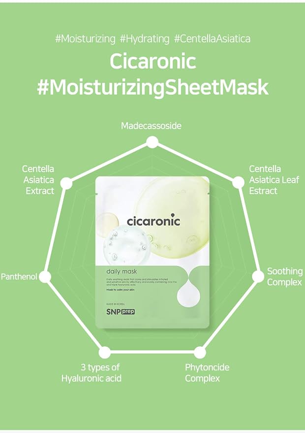 [K Beauty Snp] Cicaronic Ampoule Sheet Mask | Soothing, Hydrating, and Calming for All Sensitive Skin Types with Cica, Hyaluronic | Face Masks Skincare | Korean Skin Care Facial Mask | 10 Sheets