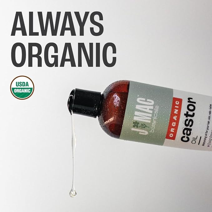 J Mac Botanicals Organic Castor Oil, Cold Pressed (32 oz) unrefined, cold pressed, hexane free for face, skin, eyelashes, pack wraps, pads