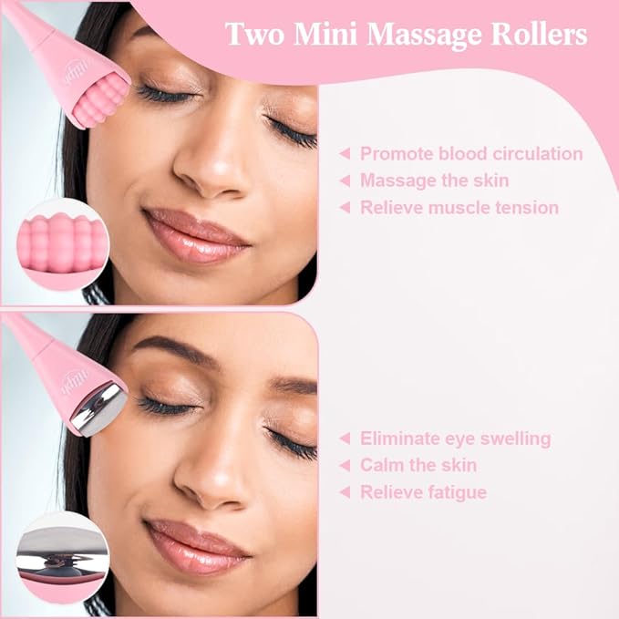 Hilph Mini Ice Roller for Face & Eyes, Face Eye Massager Roller Set with Stainless Steel and Silicone Head for Puffiness Relief, Metal Facial Ice Roller for Puffy Eyes, Reduce Fine Lines (Pink)