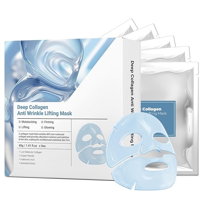 Hyaluronic Acid Collagen Face Mask with Copper Peptide and Seaweed Extract, Overnight Nourishing, for Lifting, Firming, and Moisturizing 40g x 5ea Facial Mask