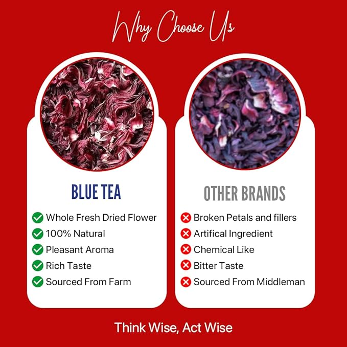 BLUE TEA - Hibiscus Tea - 1.76 Oz - Pack of 2 (100 Cups) Loose | SKIN GLOW ENHANCING TEA | Herbal Tea - Flower Based - Non-Bitter - Caffeine Free - Tangy Flavour - Vegan | Reusable Pet Jar