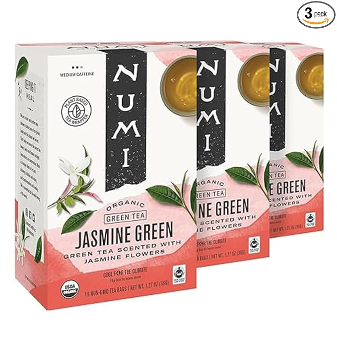 Numi Organic Jasmine Green Tea 18 Count (Pack of 3), Floral Green Tea, Caffeinated (Packaging May Vary)