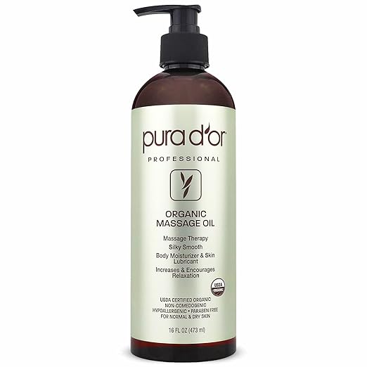 PURA D'OR 16 Oz Organic Massage Therapy Oil USDA Certified Almond, Apricot, Argan, Ginger, Jojoba, Lavender Oils for Silky & Softer Skin, Body Moisturizer & Skin Lubricant