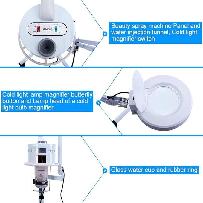 GOTOTOP Facial Steamer with Magnifying Lamp 3In1 Uv Facial Steamer Cold Light Led 5X Magnifier Floor Lamp 800W for Salon Spa Beauty,White