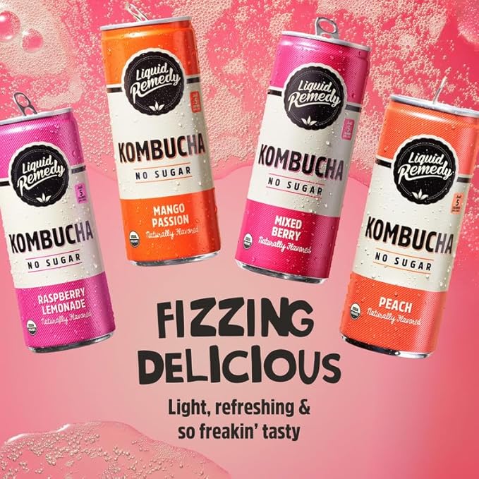 Liquid Remedy Kombucha Sugar Free Organic Drink, Low Calorie, Probiotic Like Tea for Gut Health - Super Sampler Variety Pack - 8.5 Fl Oz Can, 24-Pack