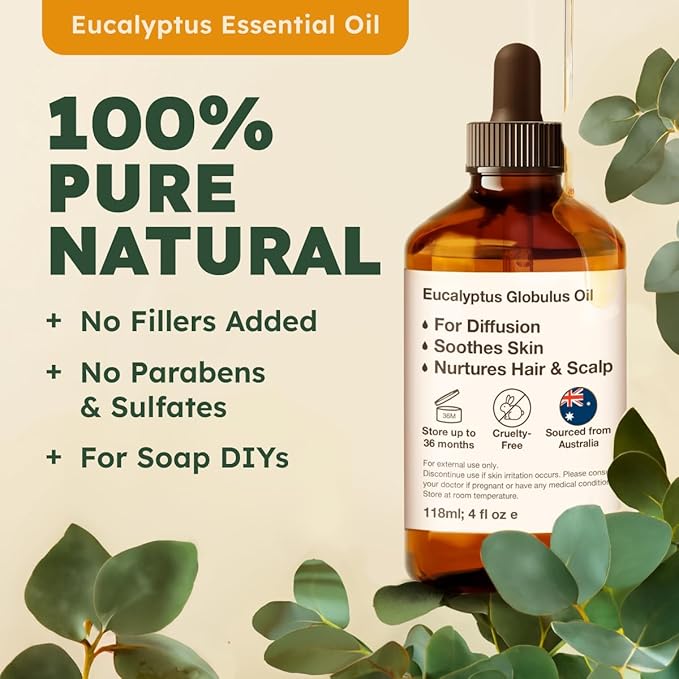 KUKKA essential oils 100% Pure & Natural Eucalyptus Essential Oil for Diffuser, Humidifier, Skin, Hair & Soap Making DIY(4 Fl Oz/118 ml)