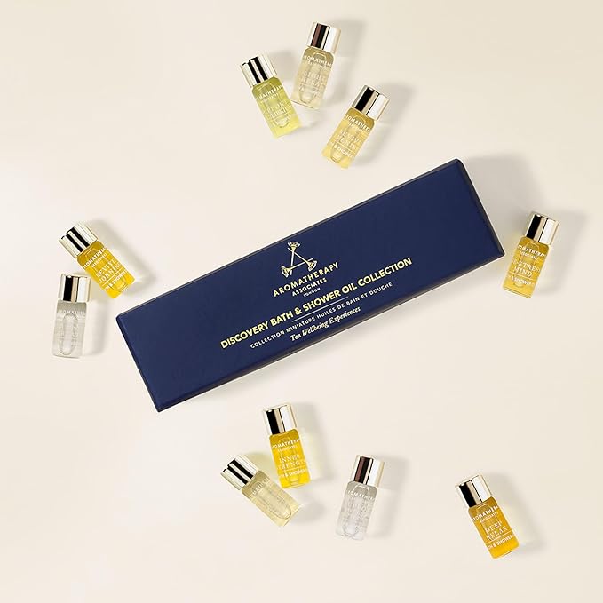 Aromatherapy Associates Essential Oil Blends for Dry Skin Oil & Body Oil for Men & Women, Luxury Shower Oil for Daily Aromatherapy Bath & Body Care, 10 Pack (0.10fl oz Each), Decorative Gift Box