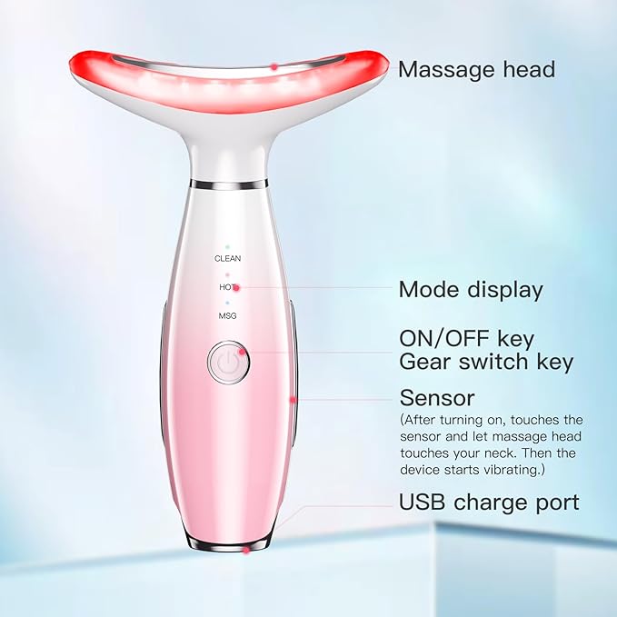Neck Face Massager, Skin Care Face Massage Tool, 3-in-1 Facial Massager, Face Sculpting Tool with Thermals, Vibration (Pink)
