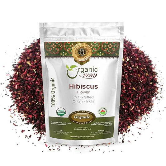 Organic Way Dried Hibiscus Flower Cut & Sifted(Hibiscus rosa-sinensis) | Herbal Tea - Organic & Kosher Certified | Raw, Vegan, Non GMO & Gluten Free | USDA Certified | Origin - India (1/2LBS / 8Oz)