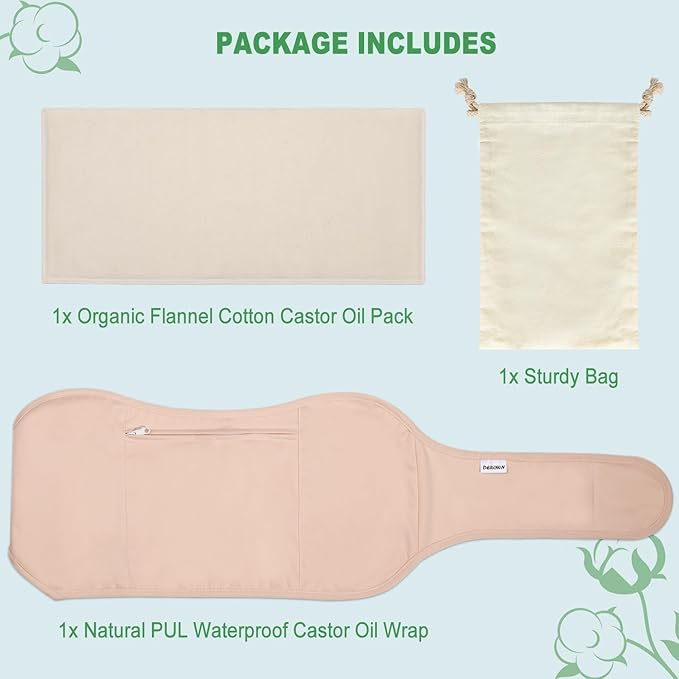 DEROWN Castor Oil Packs for Liver Detox, Less Mess Made of Organic Cotton Flannel & Waterproof PUL, Reusable Massage Castor Oil Pack Kit with Anti Oil Leak Design (Oil Not Included)