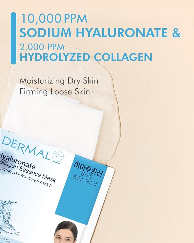 DERMAL Hyaluronate Collagen Essence Facial Mask Sheet 23g Pack of 100 - Hydro Boost Moisturizing for Dry Skin, Smoothing Fine Lines Wrinkles, Daily Skin Treatment Solution Sheet Mask