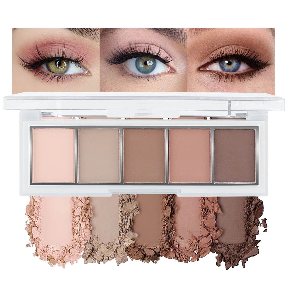5 Colors Matte Nude Eyeshadow Makeup Palette, Nude Pink Brown Taupe Neutral Matte Smokey Cream Mini Eye Shadow Palette Makeup for Older Women Blue Green Eyes, Contour Make up Palettes sombras de ojos