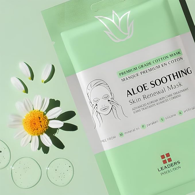 Leaders Insolution Aloe Soothing Skin Renewal Mask | Organic Aloe Leaf & Cactus Extract Hydrating Facial Treatment for Sensitive, Dry, Acne-Prone Skin | UV Repair & Hydration Boost (10 Sheets)