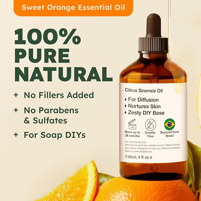 Kukka Sweet Orange Essential Oil for Diffuser & Skin - 4 Fl Oz - 100% Pure Natural Orange Oil, Citrus Scent, Cleaning for Aromatherapy & Soap Making Scent DIY