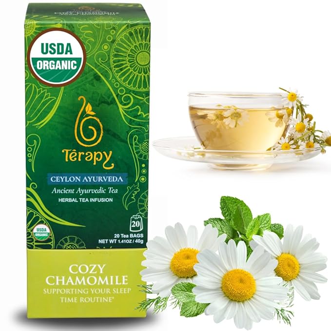 Térapy Ceylon CHAMOMILE TEA | USDA Organic Herbal Tea Bags | 100% Natural Ayurvedic Ingredients including Organic Chamomile, Ashwagandha, Cinnamon & Licorice| 20 Individually Wrapped Tea Bags