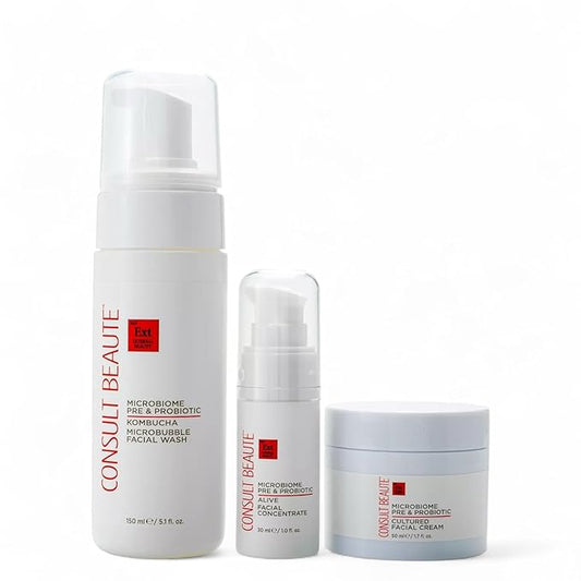 Consult Beaute - MICROBIOME Skin Barrier Moisture Balancing Skin Care Trio - Serum Concentrate, Hydrating Facial Cream & Kombucha Face Wash - For All Skin Types - Lightweight - For Women and Men