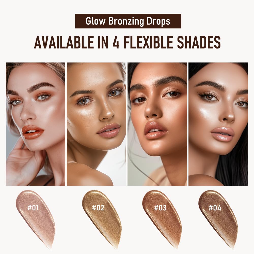 Bronzing Drops For Face, Liquid Bronzer Glow Drops, Face Body Shimmer Glow Illuminator, Nourishing Skincare Bronzer Shimmer Oil, Waterproof Moisturizing Body Highlighter(03 Deep Bronze Glow)