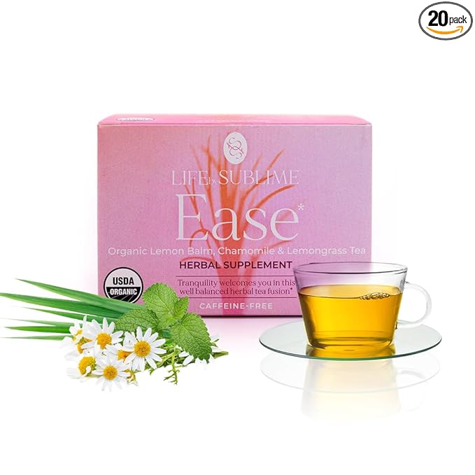 Life by Sublime - Ease USDA Organic Lemon Balm Chamomile Tea, 20 Tea Bags, Caffeine-Free, Promotes Relaxation, Stress Relief, and Restful Nights, Premium Brazilian Harvest