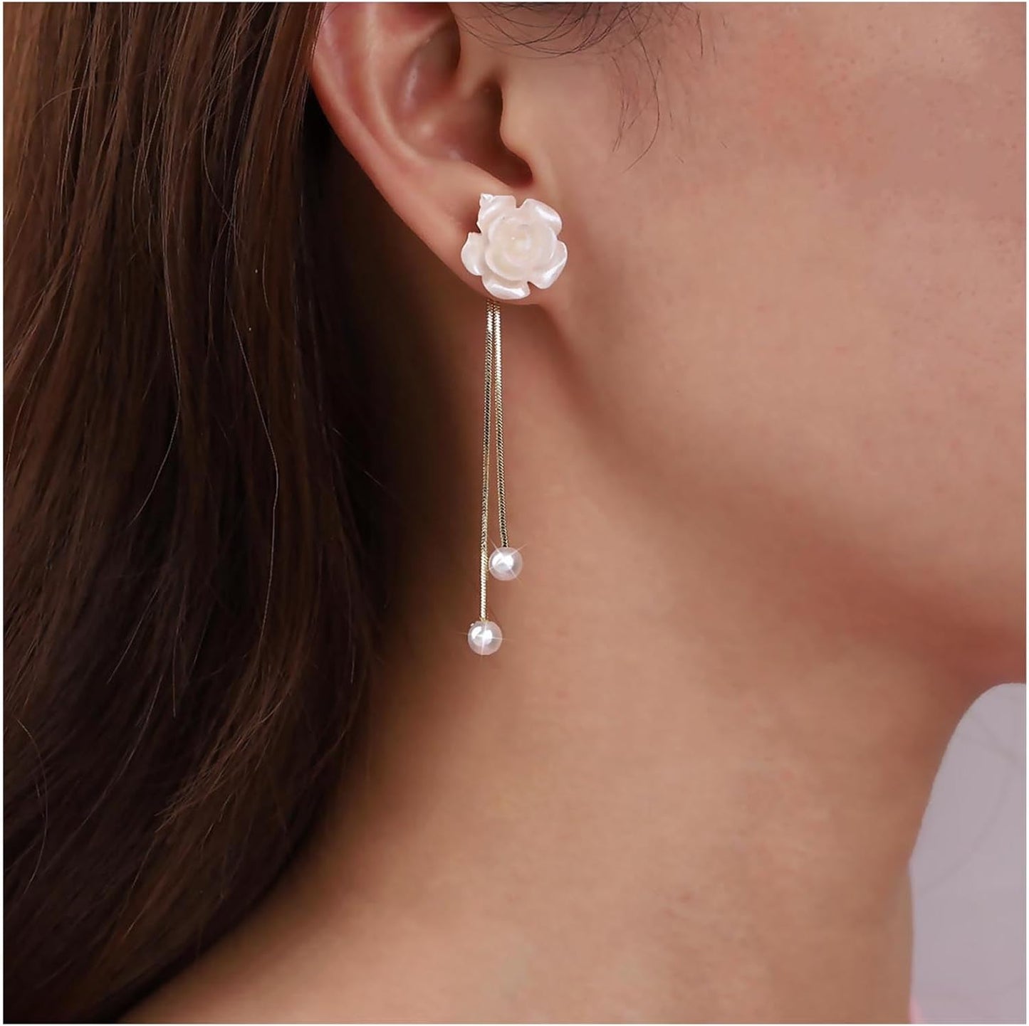 Vintage Flower Pearl Drop Earrings Long Tassel Pearl Earrings White Camellia Stud Earring Gold Pearl Chain Dangle Earrings Jewelry for Women