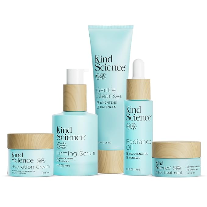Kind Science Deluxe Kit - Skin Care by Ellen DeGeneres Full Size 5pc Set with Hydration Cream, Firming Serum, Radiance Oil, Neck Treatment, Radiance Oil