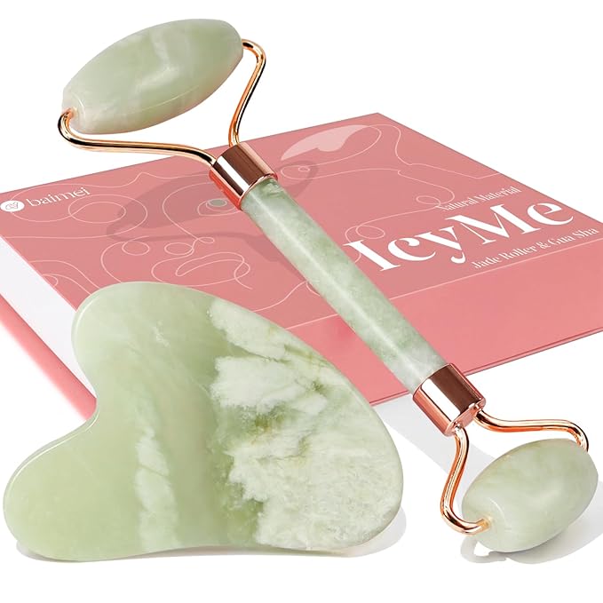 BAIMEI Jade Roller & Gua Sha Set Face Roller and Gua Sha Facial Tools for Skin Care Routine and Puffiness, Self Care Gift for Men Women - Light Green