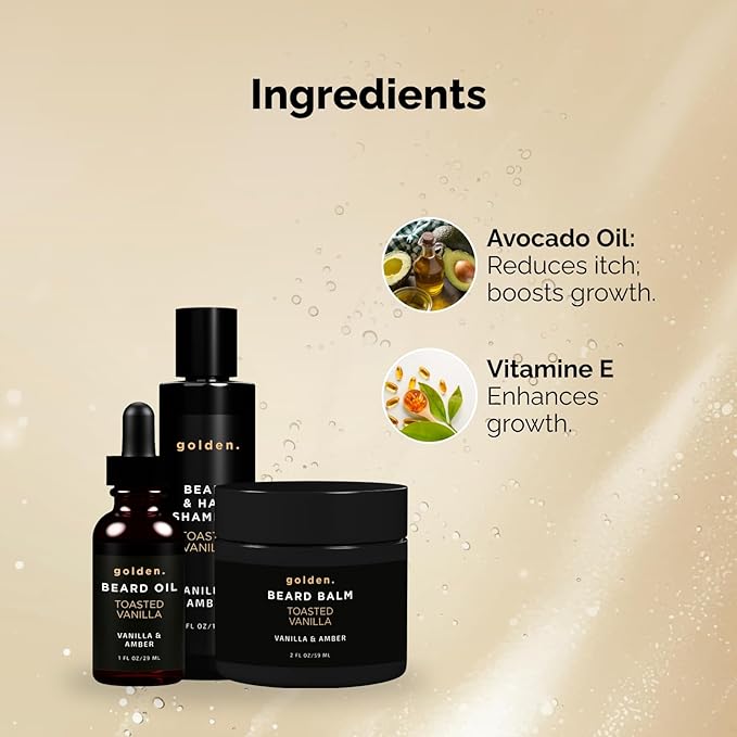 Golden Grooming Co. Everyday Beard Bundle – Complete Beard Care Set | Includes Beard Oil, Balm & Shampoo (Regular, Toasted Vanilla)