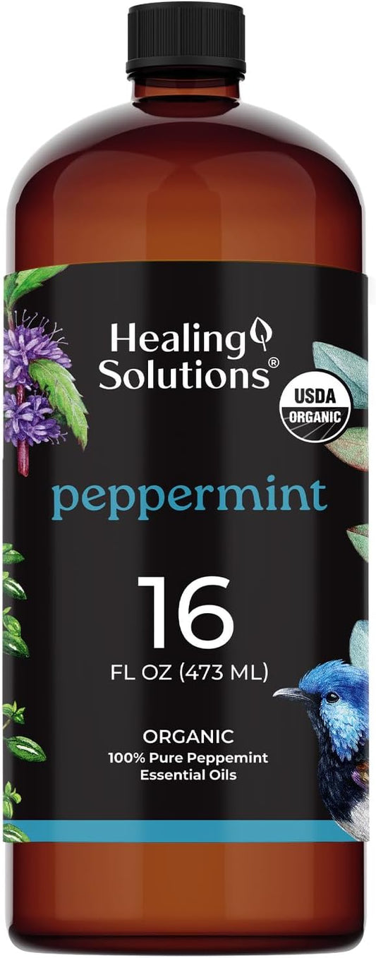 Healing Solutions Organic Peppermint Essential Oil Bulk 16oz - Large Organic Peppermint Oil Bottle for Hair, Spray & More - Peppermint Oil for House Cleaning - Peppermint Oil for Diffuser - Mint Oil