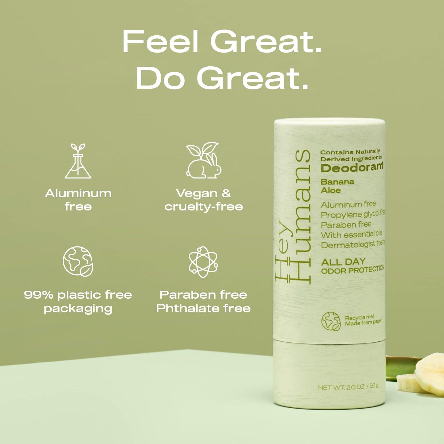 Hey Humans Deodorant, Aluminum Free Deodorant for Women and Men, Contains Naturally Derived Ingredients, All Day Odor Control, Refreshing Essential Oils, Earth Friendly Package, Banana Aloe