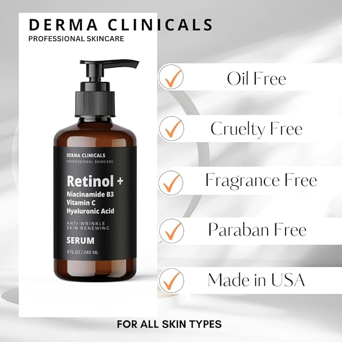 Retinol + Niacinamide B3, Vitamin C, Hyaluronic Acid Serum, Anti-Aging Serum for face, Brightening Firming Hydrating Serum, Fine lines and Wrinkle Face Serum - 8oz