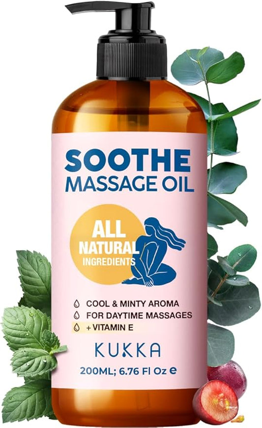 Kukka Soothe Massage Oil for Therapy - 6.76 Fl Oz - 100% Pure Natural - Eucalyptus, Peppermint & Vitamin E - Sore Muscle for Body Muscle Relaxing Calming, Soothing Massage Oil