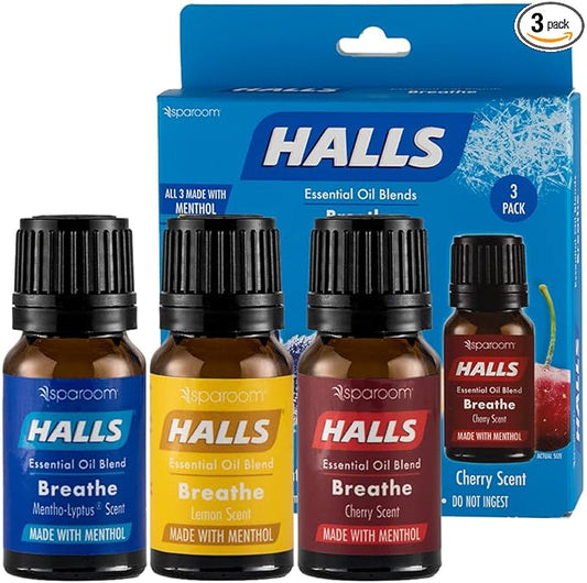 Halls Breathe Menthol with 100% Pure Essential Oils Blend for Diffusers and Aromatherapy, 10 mL, Mentho-Lyptus, Cherry and Lemon, Set of 3