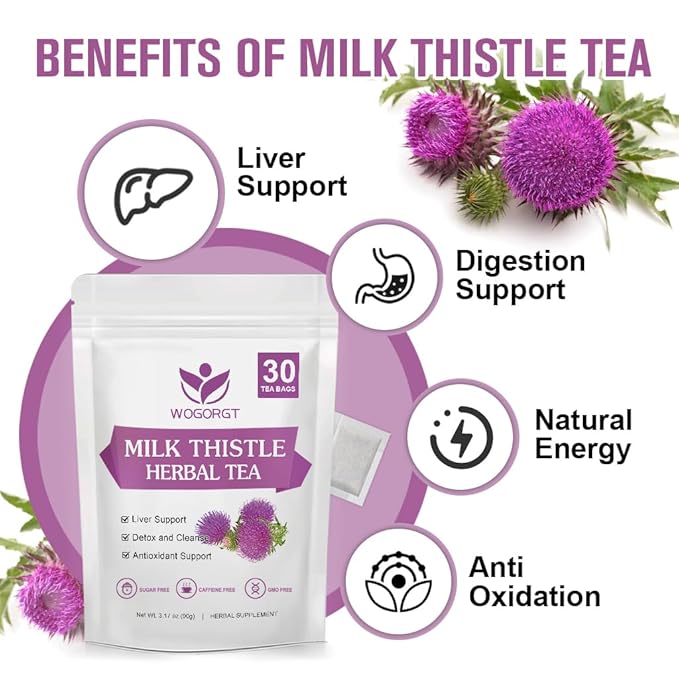 WOGORGT Dried Milk Thistle Tea - Organic Milk Thistle Herbal Tea for Liver Cleanse, Antioxidant and Immune Support, Caffeine Free - 30 Tea Bags