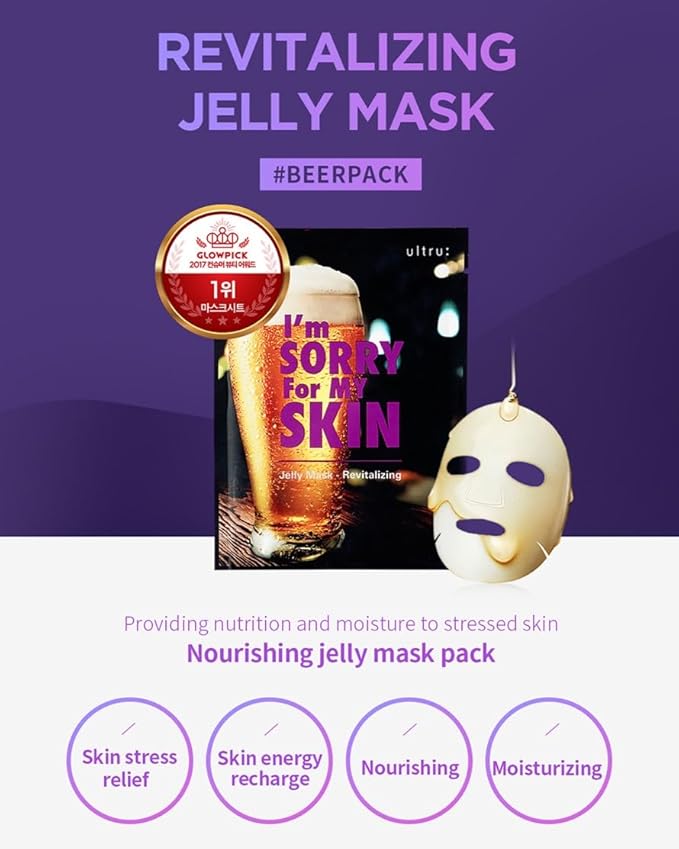 I'M SORRY FOR MY SKIN Jelly Face Mask Korean Skin Care, Hydrating Face Masks Skincare Set, Self Care Items for Glow Beauty, Teacher Appreciation Gifts for Women, Pack of 10 (Beer Revitalizing Mask)