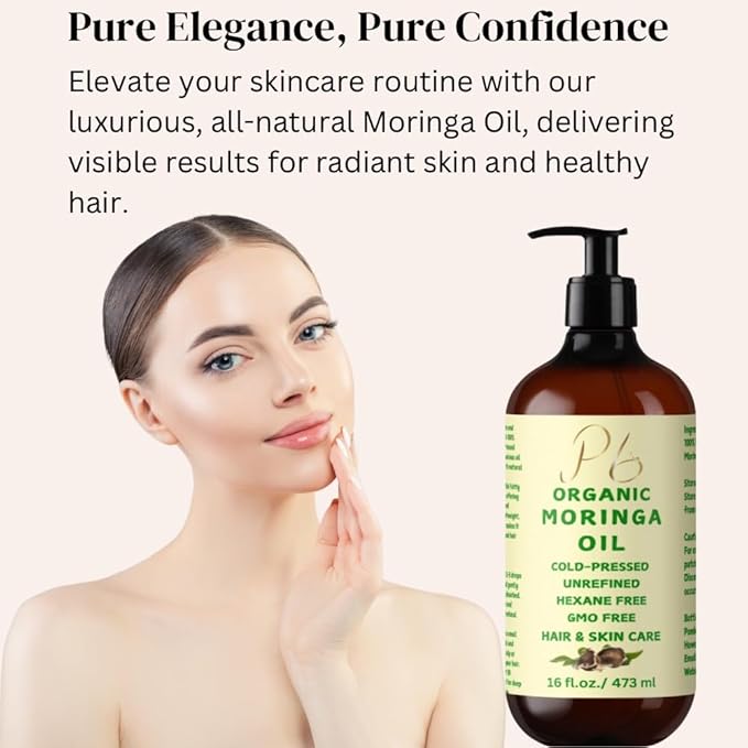 Organic Moringa Oil – 100% Pure & Cold-Pressed, Unrefined & Hydrating Oil for Face, Body & Hair – Nourishing Skin & Hair Moisturizer – 16 fl oz Glass Bottle with Pump