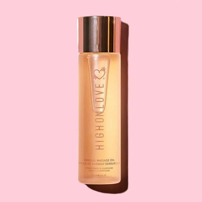 HIGHONLOVE Natural Body Oil with Hemp Seed, Grape Seed, & Vitamin E Oil - Moisturizing Body Glow with a Non-Greasy, Glowy Finish (120 ml) (Strawberries & Champagne)