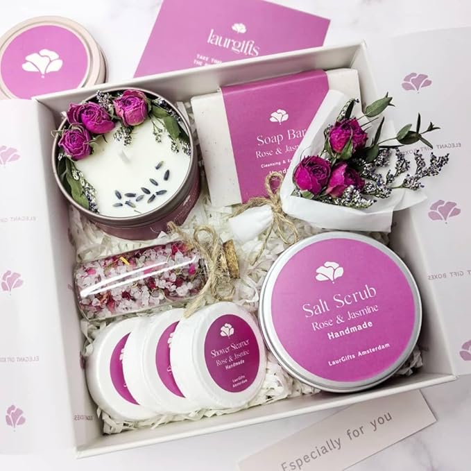 Rose & Jasmine Spa Gift Baskets for Women – Luxury Birthday Bath Gifts for Mom, Wife, Sister, Friend - Self-Care and Relaxation Mother’s Day Gifts - Gift Baskets for Her for All Occasions