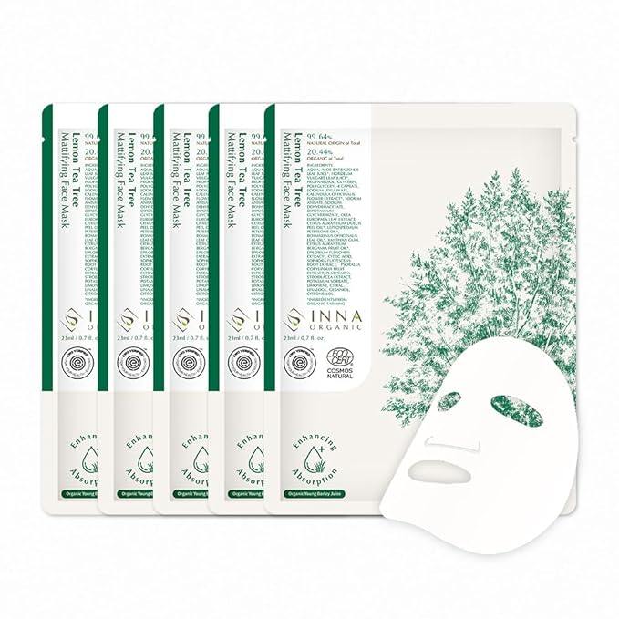 INNA Organic Sheet Mask - Balancing & Oil Control, EWG & COSMOS Certified (Pack of 5) | Lemon Tea Tree Essential Oils Infused Skin Care | Luxury Clean Beauty