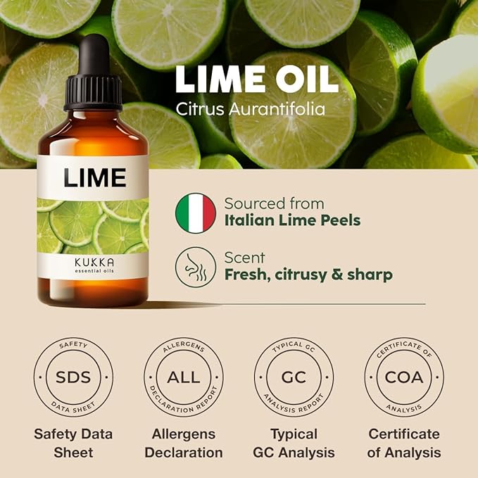 Kukka Lime Essential Oil for Skin - 4 Fl Oz - 100% Pure Natural Lime Oil for Diffuser, Hair, Candles & Soap Making Scent DIY
