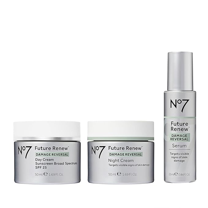 No7 Future Renew Damage Reversal Skincare Set - Anti Aging Face Serum (.33 Fl Oz), Day Cream with SPF 25 (1.69 Fl Oz) & Night Cream (1.69 Fl Oz) - Reverses Visible Signs of Sun Damage - 3-Piece Set